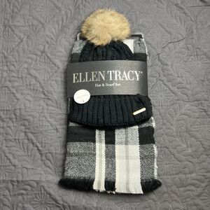 Ellen Tracy Plaid Knit Pom Hat & Fringed Scarf Black & White w/Gift Box NWT Chic